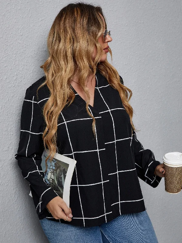 Plaid Long Sleeve Notched Regular Plus Size Blouse