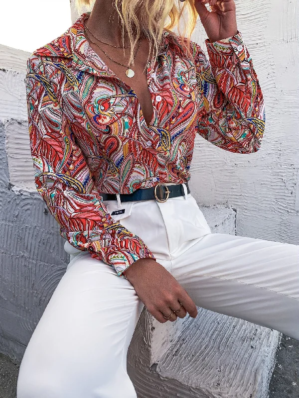 Boho Paisley Button Front Long Sleeve Collar Long Blouse