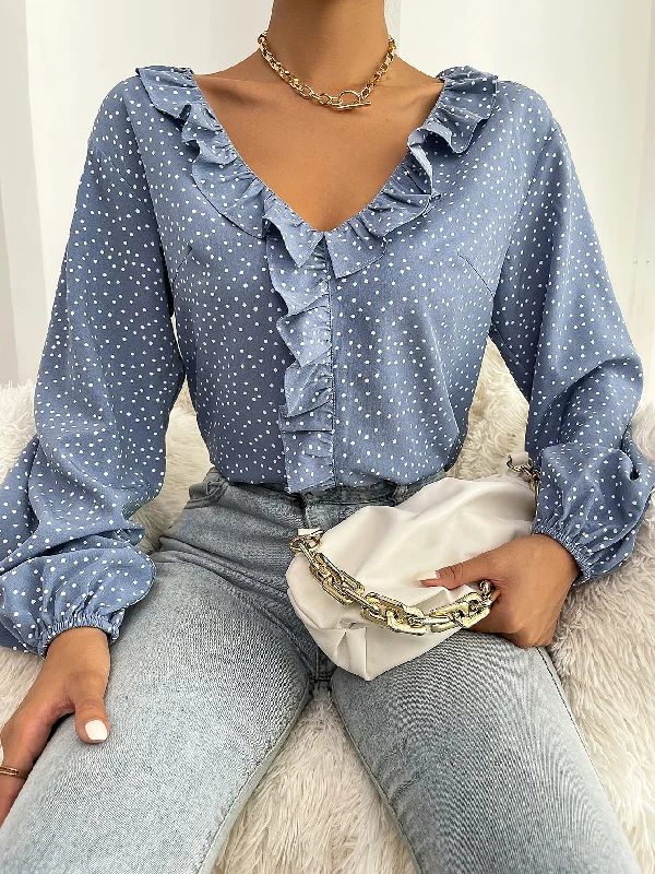 Casual Polka Dot Ruffle Long Sleeve V Neck Regular Blouse