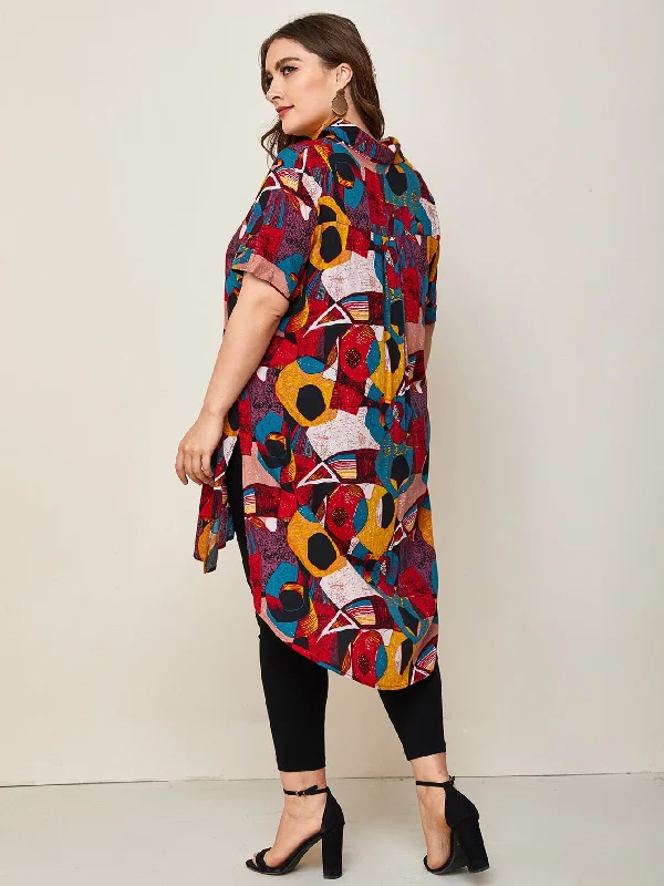 All Over Print Button Front Long Sleeve Collar Slit Long Plus Size Blouse