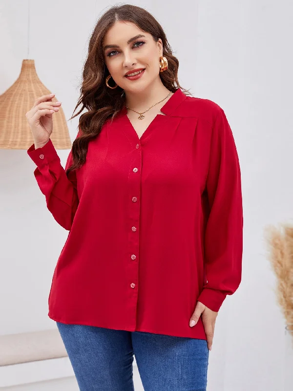 Plain Button Front Long Sleeve V Neck Long Plus Size Blouse