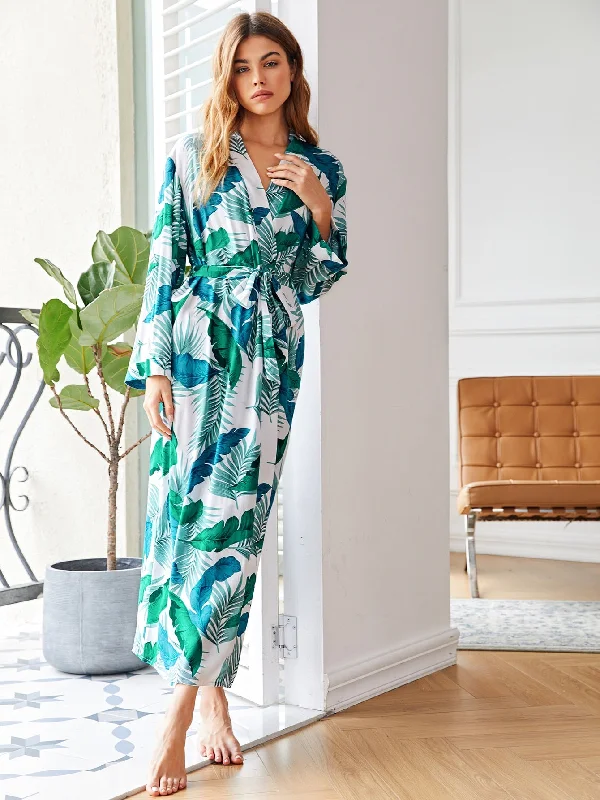 Tropical Belted Long Sleeve V Neck Women Robes