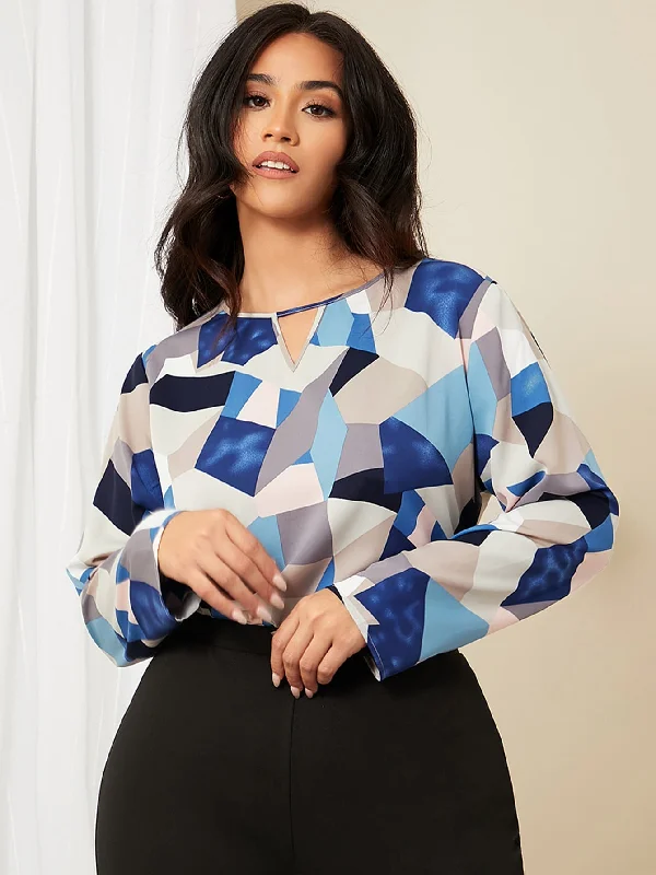 Geometric Cut Out Long Sleeve Keyhole Neckline Regular Plus Size Blouse