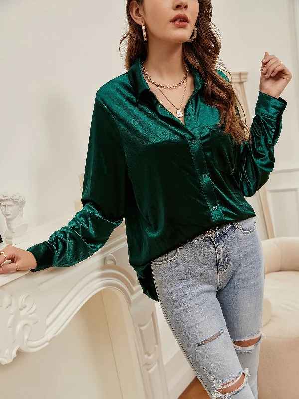 Elegant Plain Button Front Long Sleeve Collar Long Blouse