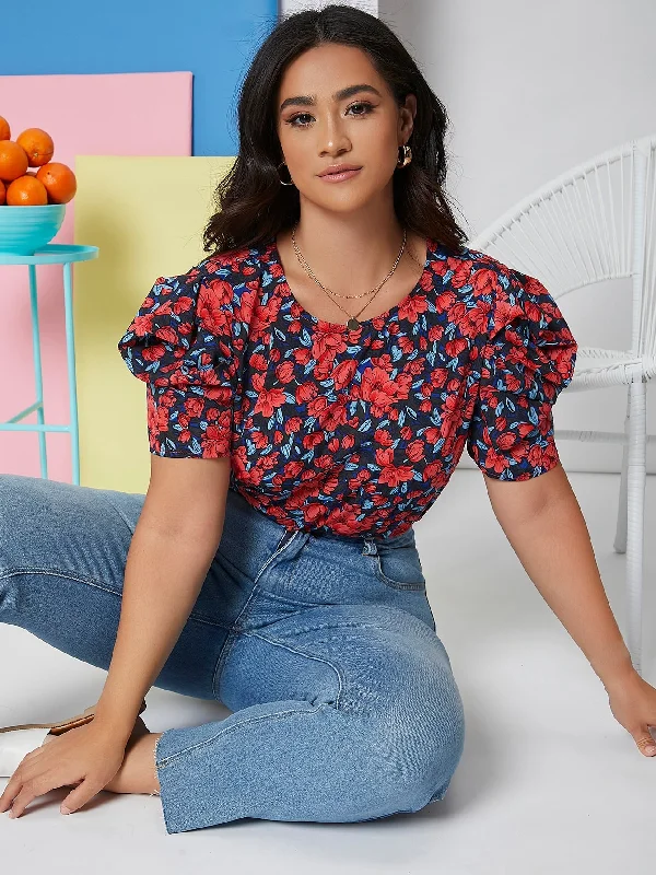 All Over Print Button Short Sleeve Round Neck Regular Plus Size Blouse