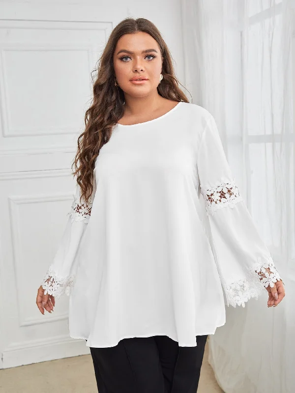 Plain Contrast Lace Long Sleeve Round Neck Long Plus Size Blouse