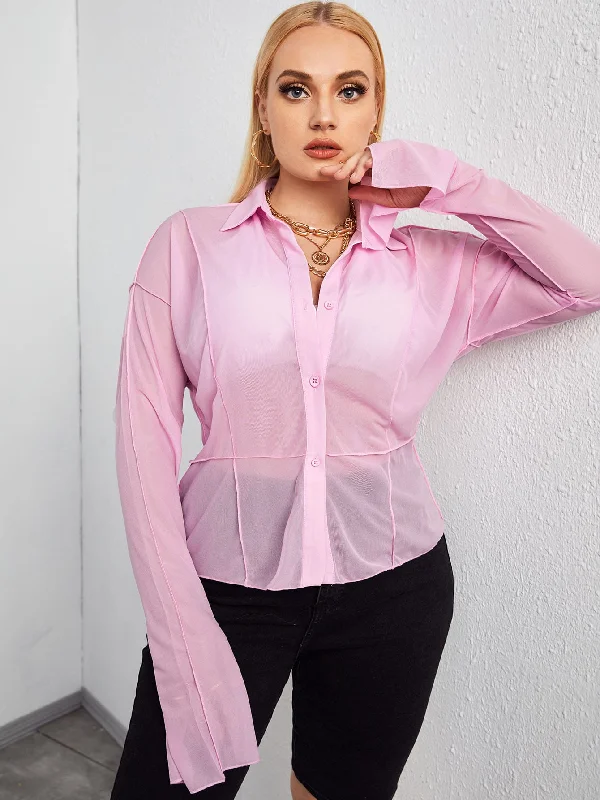 Plain Button Long Sleeve Collar Semi-Sheer Regular Plus Size Blouse