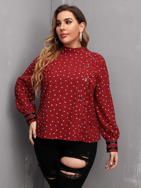 All Over Print Button Front Long Sleeve Stand Collar Regular Plus Size Blouse