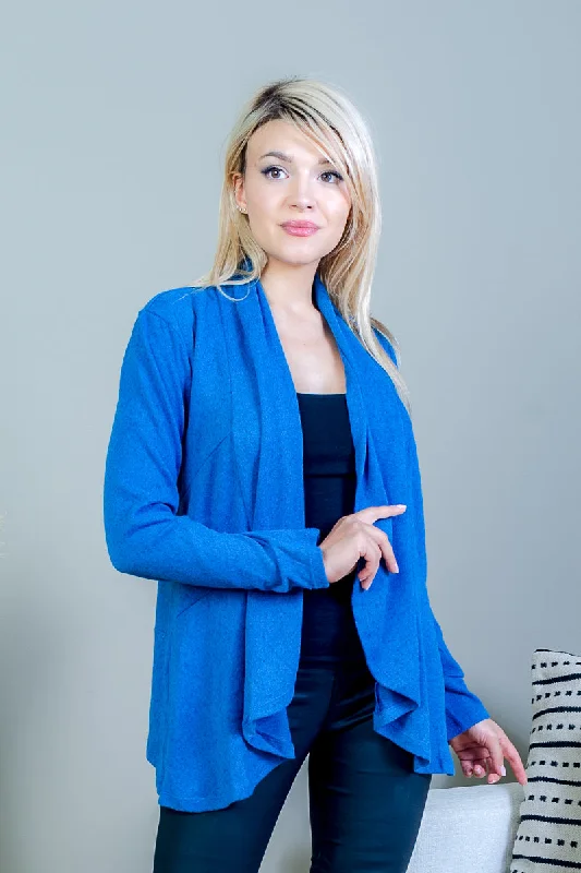 Wool Soft Long Sleeve Open Front Cardigan with Draped Lapel in Blue (FK181331)