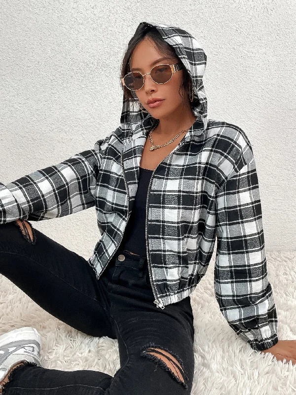 Casual Plaid Zipper Long Sleeve Hooded Regular Women Jacket