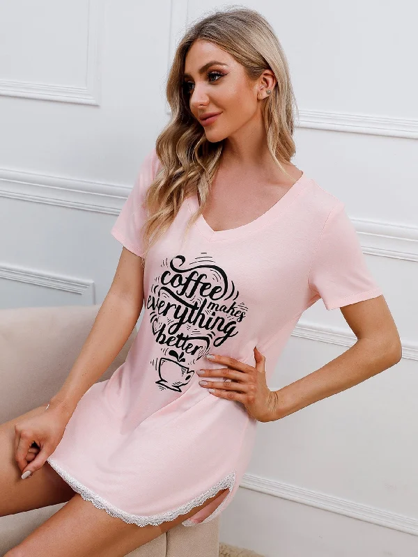 Casual Slogan Contrast Lace Short Sleeve Round Neck Women Nightgowns & Sleepshirts