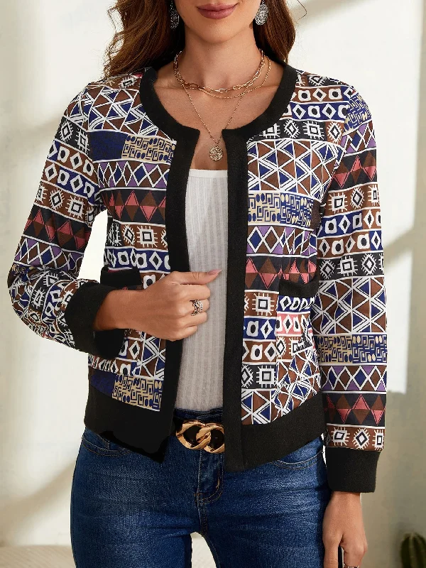 Casual Geometric Pocket Long Sleeve Round Neck Regular Women Jacket