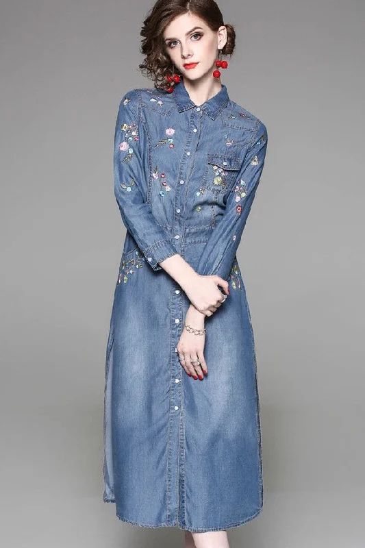 Denim Dress W/ Floral Embroidery