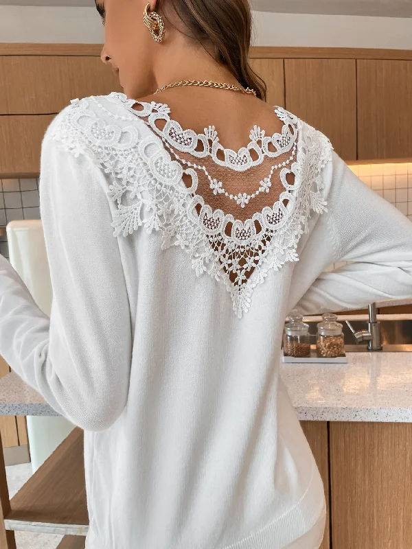 Casual Plain Contrast Lace Long Sleeve Round Neck Regular Women Sweater