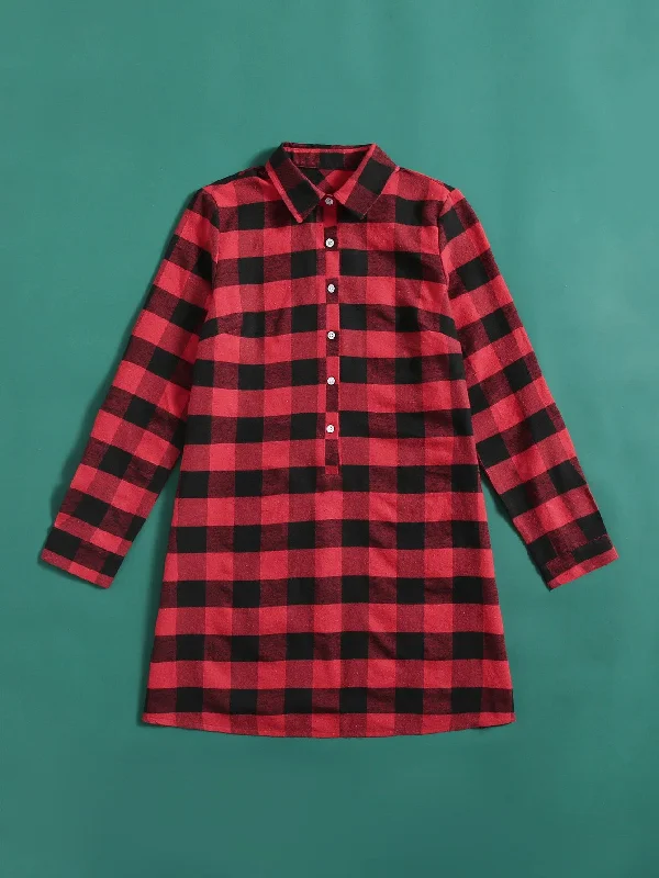 Casual Gingham Button Front Long Sleeve Collar Long Blouse