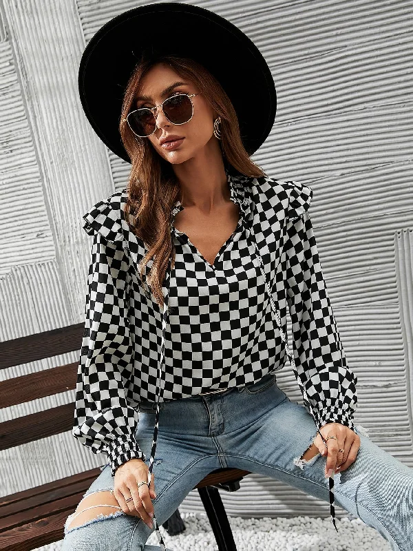 Casual Plaid Ruffle Long Sleeve Tie Neck Regular Blouse