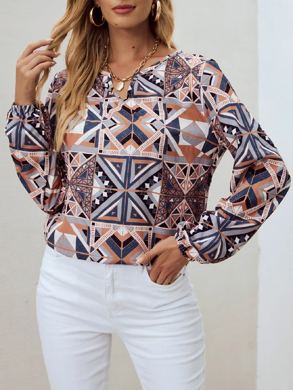 Casual Geometric Long Sleeve Notched Regular Blouse