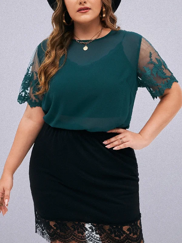 Plain Sheer Short Sleeve Round Neck Semi-Sheer Regular Plus Size Blouse