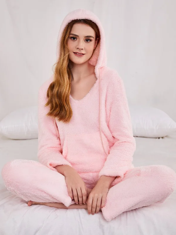 Casual Plain Pocket Long Sleeve Hooded Women Lounge Sets