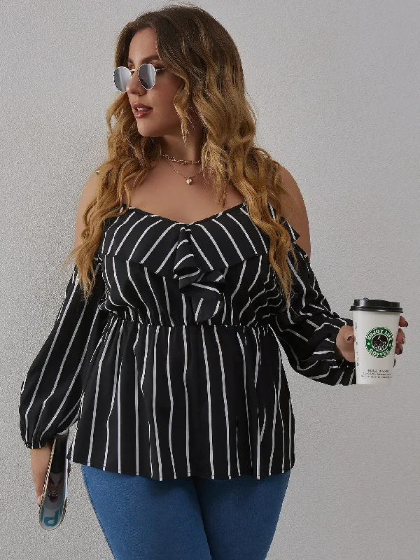 Striped Ruffle Long Sleeve Cold Shoulder Regular Plus Size Blouse