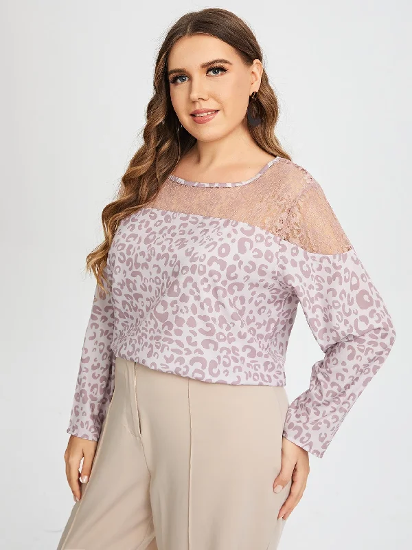 All Over Print Contrast Lace Long Sleeve Round Neck Regular Plus Size Blouse