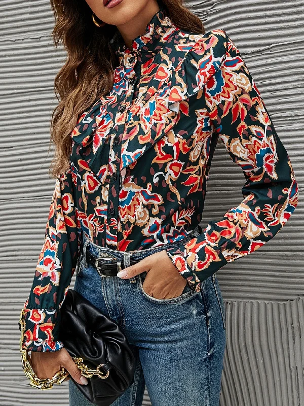 Casual All Over Print Button Front Long Sleeve Stand Collar Regular Blouse