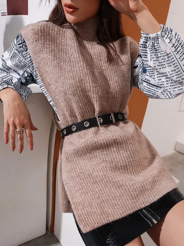 Casual Plain Sleeveless High Neck Long Women Knit Top