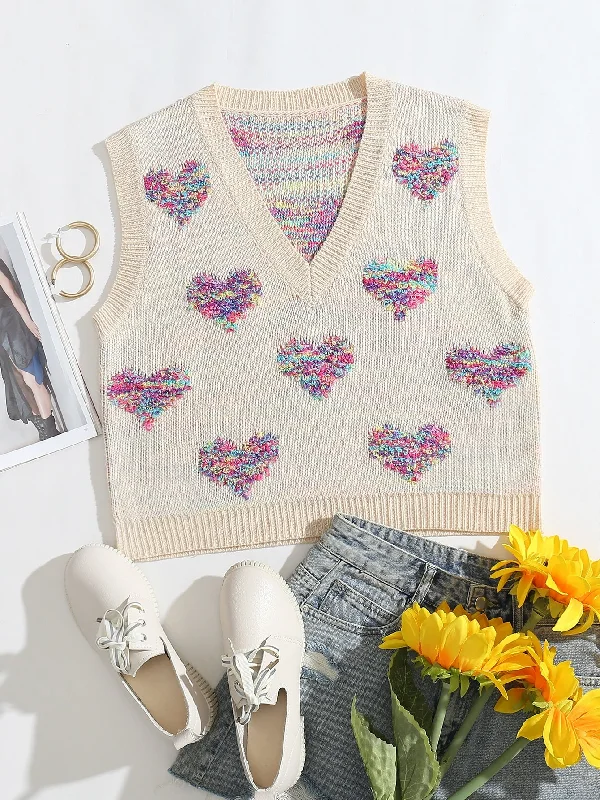 Casual Heart Sleeveless V Neck Regular Women Knit Top