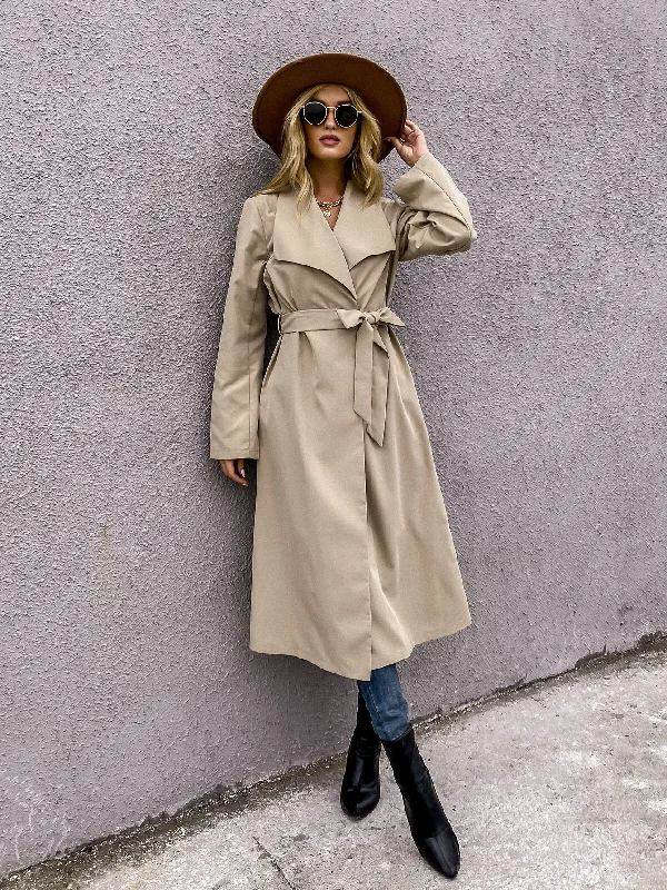 Elegant Plain Belted Long Sleeve Waterfall Long Women Trench Coat