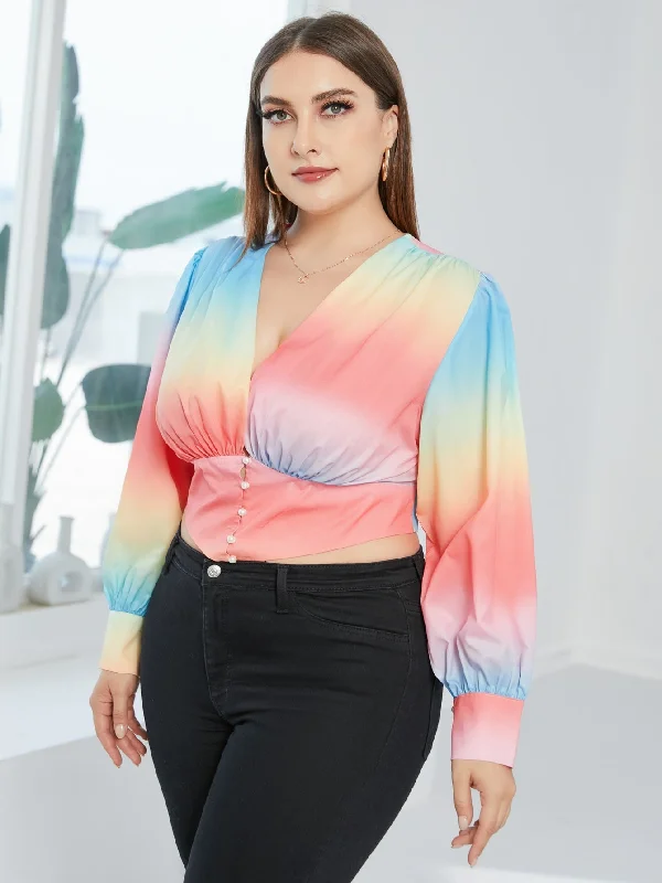 Ombre Button Front Long Sleeve V Neck Crop Plus Size Blouse