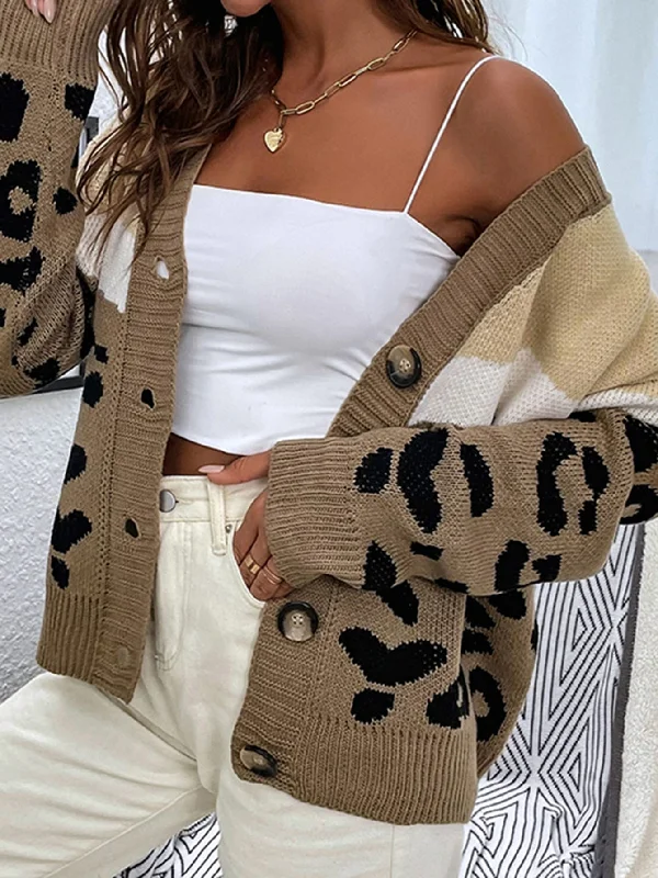 Casual Leopard Button Front Long Sleeve V Neck Regular Women Cardigan