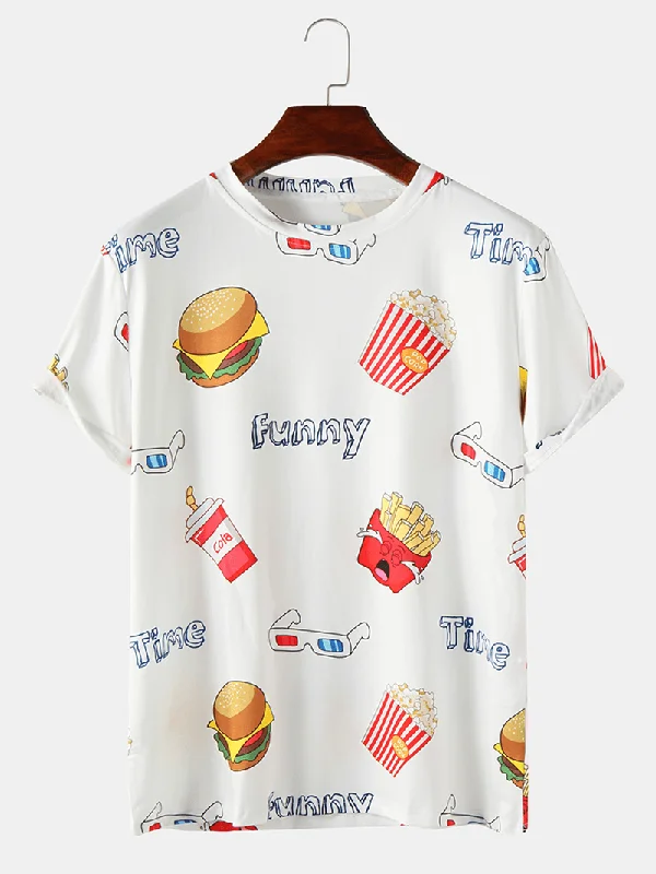 Mens Funny Fast Food Print round Neck Cotton Short Sleeve T-Shirts