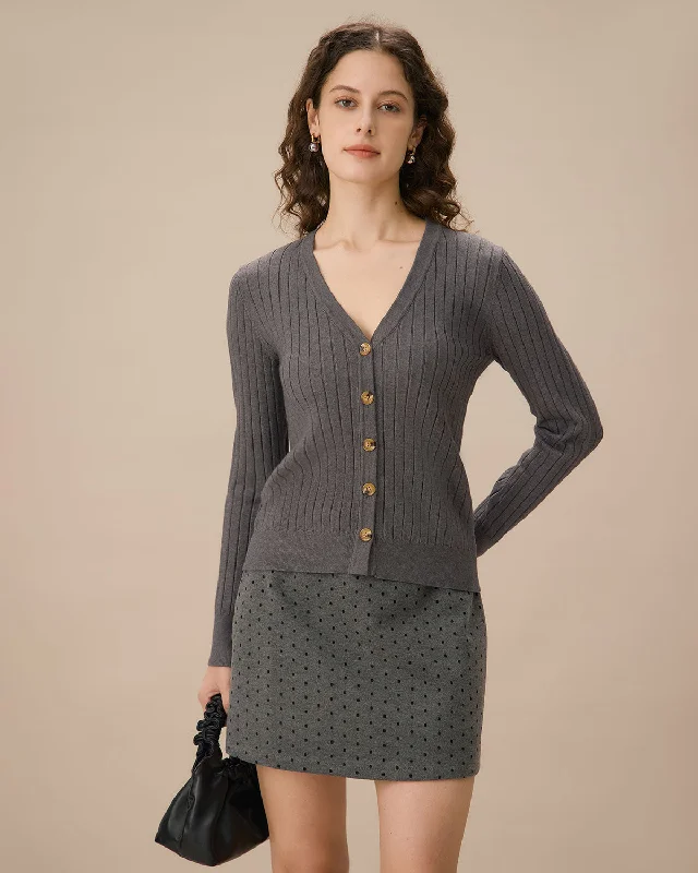 Grey V-Neck Single-breasted Cardigan