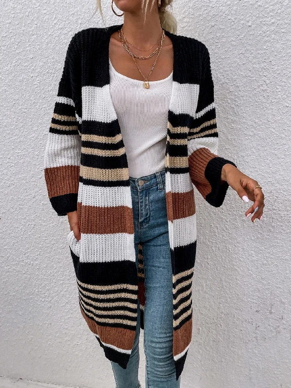 Casual Colorblock Long Sleeve Midi Women Cardigan