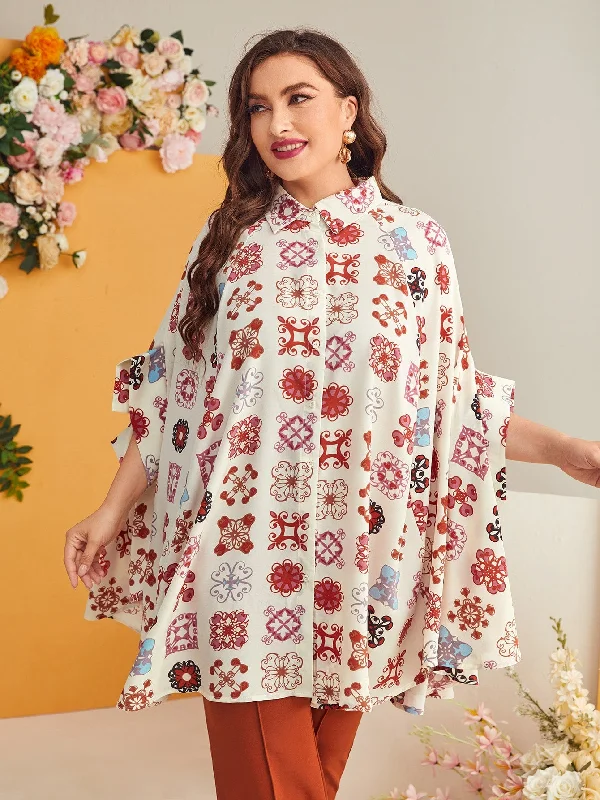 All Over Print Button Front Three Quarter Length Sleeve Collar Long Plus Size Blouse