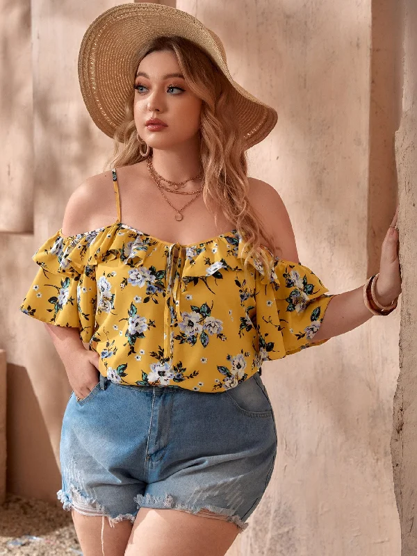 Floral Ruffle Short Sleeve Cold Shoulder Regular Plus Size Blouse