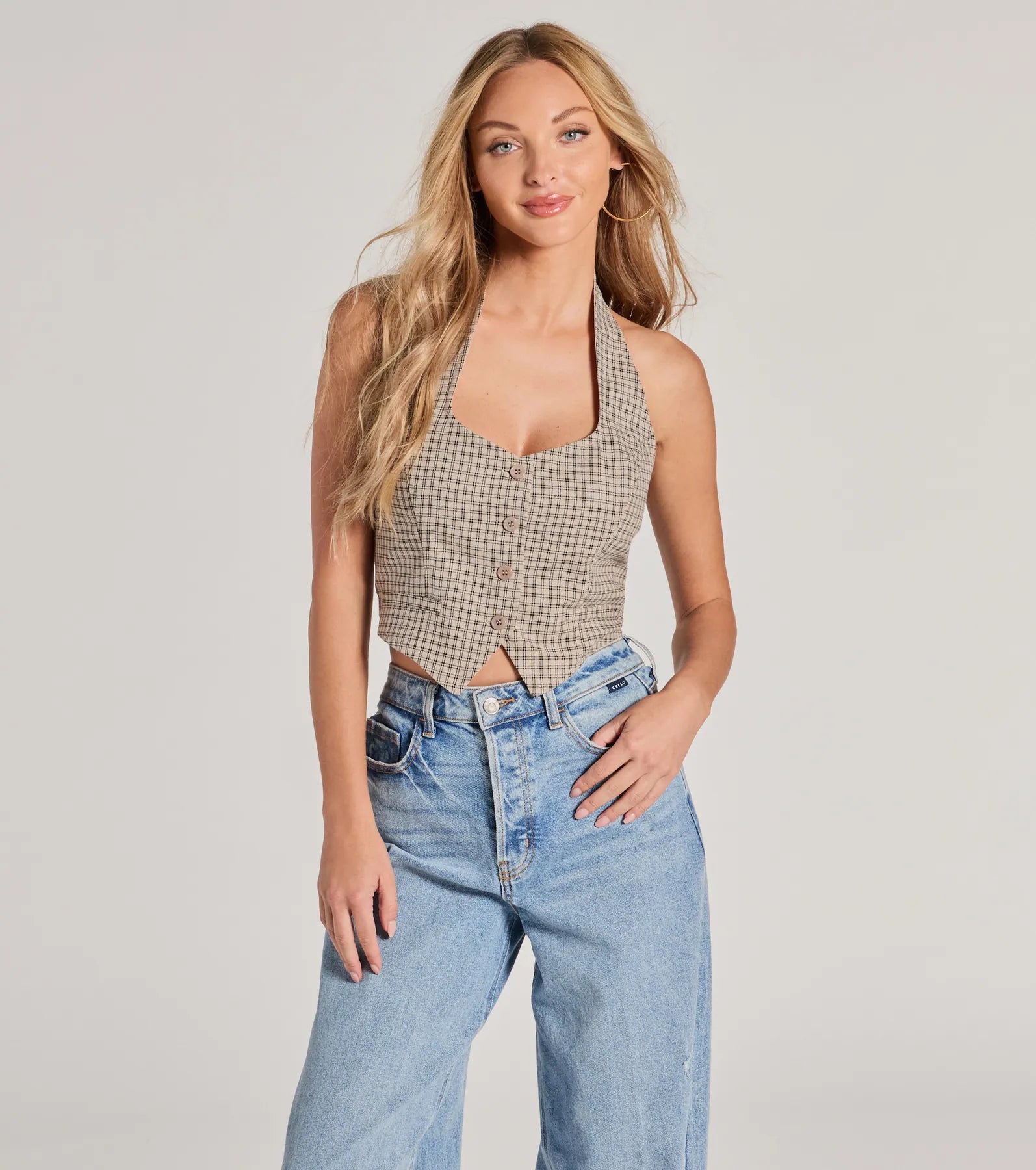 Keep On Charming Plaid Linen Cropped Vest