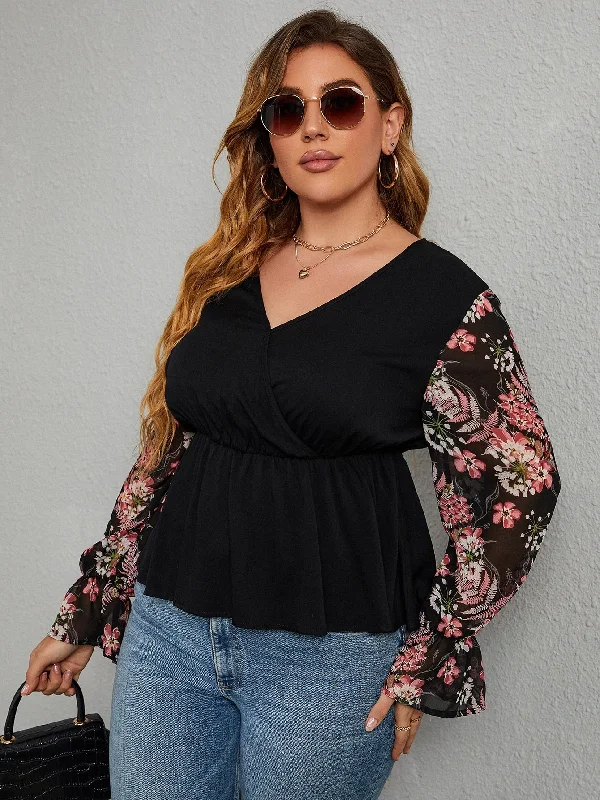 Floral Wrap Long Sleeve V Neck Regular Plus Blouse