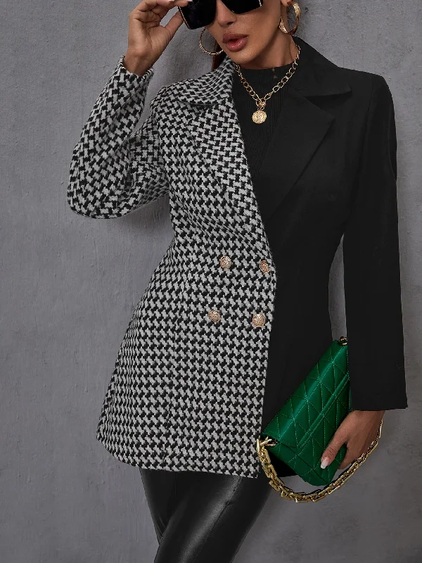 Elegant Houndstooth Double Button Long Sleeve Lapel Long Women Blazer