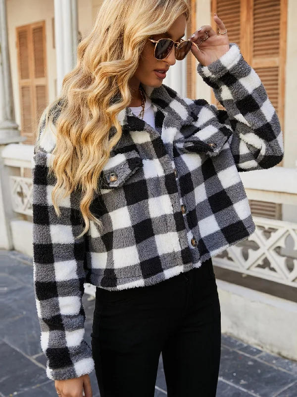 Preppy Gingham Button Front Long Sleeve Collar Crop Women Jacket