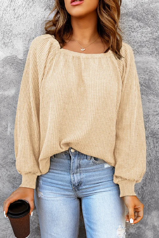 Apricot Waffle Texture Square Neck Pullover Top