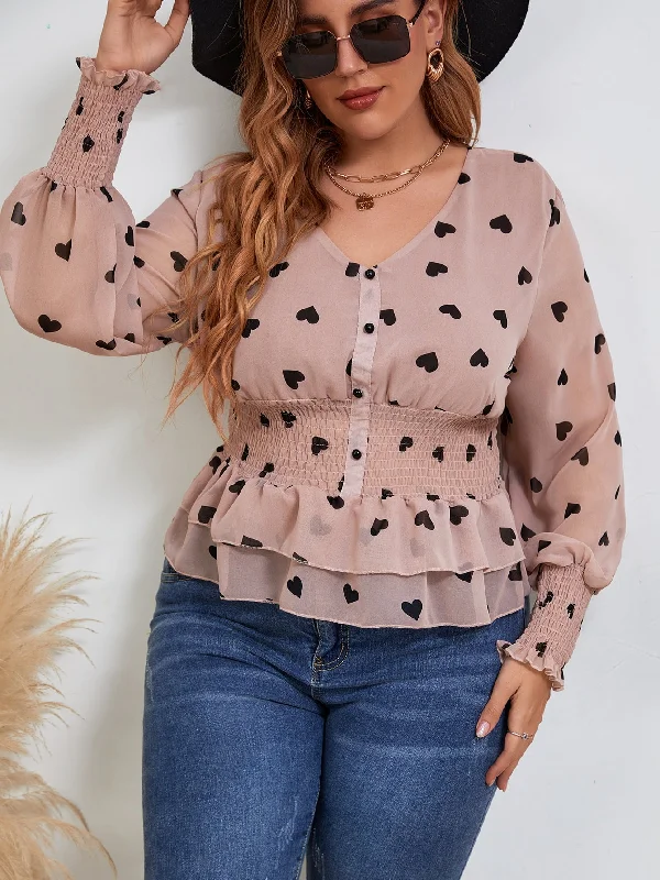 Heart Shirred Long Sleeve V Neck Flared Regular Plus Size Blouse