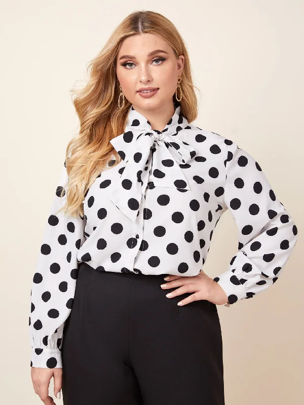 Polka Dot Long Sleeve Tie Neck Regular Plus Blouse