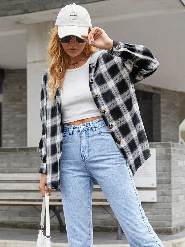 Casual Plaid Button Front Long Sleeve Hooded Short Women Coat