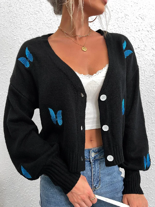 Casual Animal Button Front Long Sleeve Deep V Neck Regular Women Cardigan