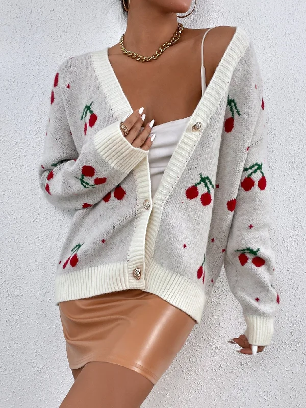 Casual Fruit&Vegetable Button Front Long Sleeve V Neck Regular Women Cardigan