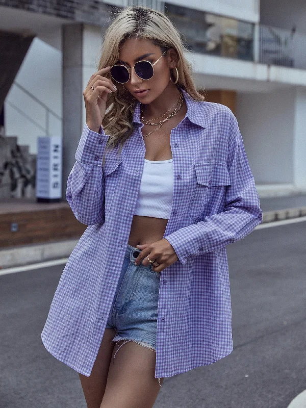 Preppy Gingham Button Front Long Sleeve Collar Long Blouse