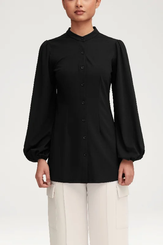 Rayana Jersey Button Down Top - Black