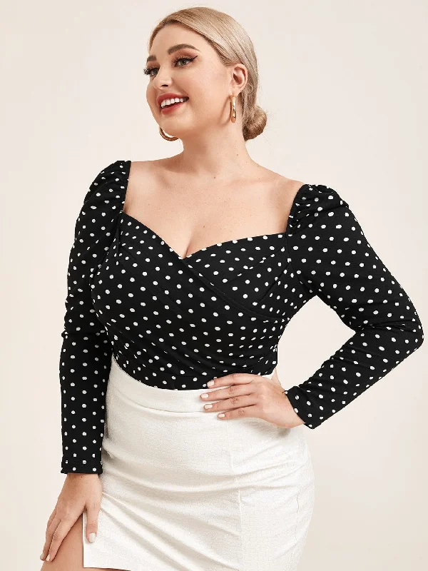 Polka Dot Zipper Long Sleeve Sweetheart Regular Plus Size Blouse