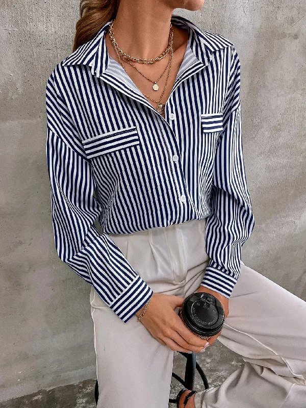 Casual Striped Button Front Long Sleeve Collar Long Blouse